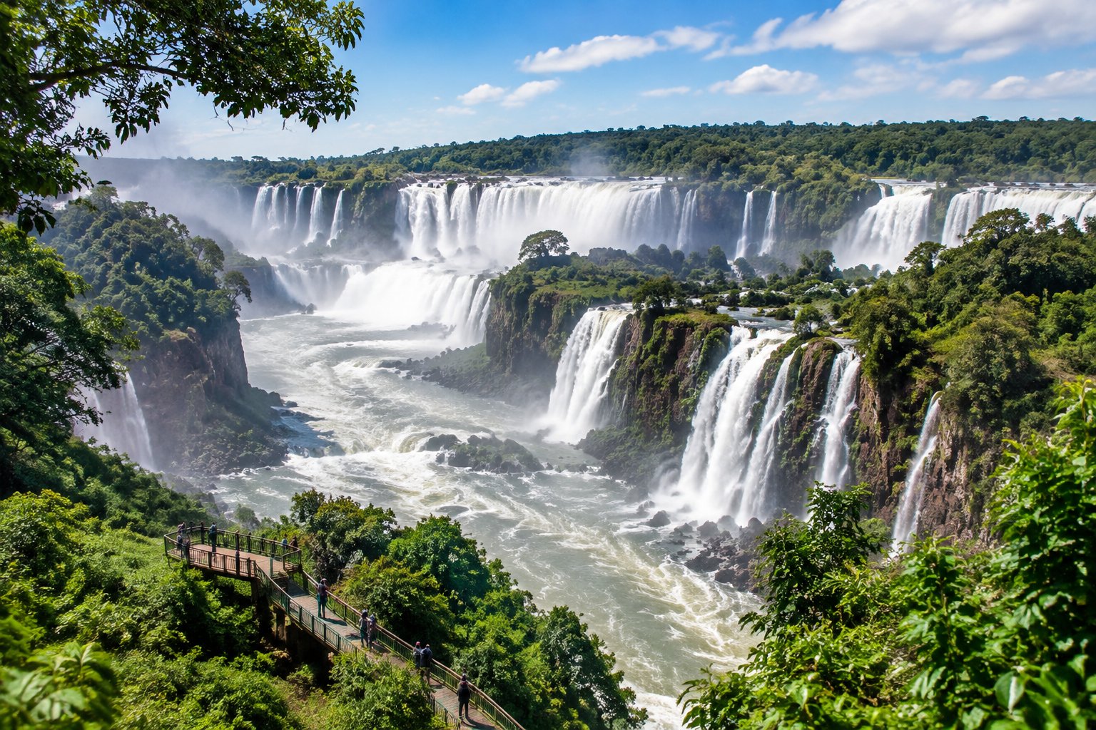 Visitors on a rainforest trail look toward the cascading waters of Iguazú Falls.