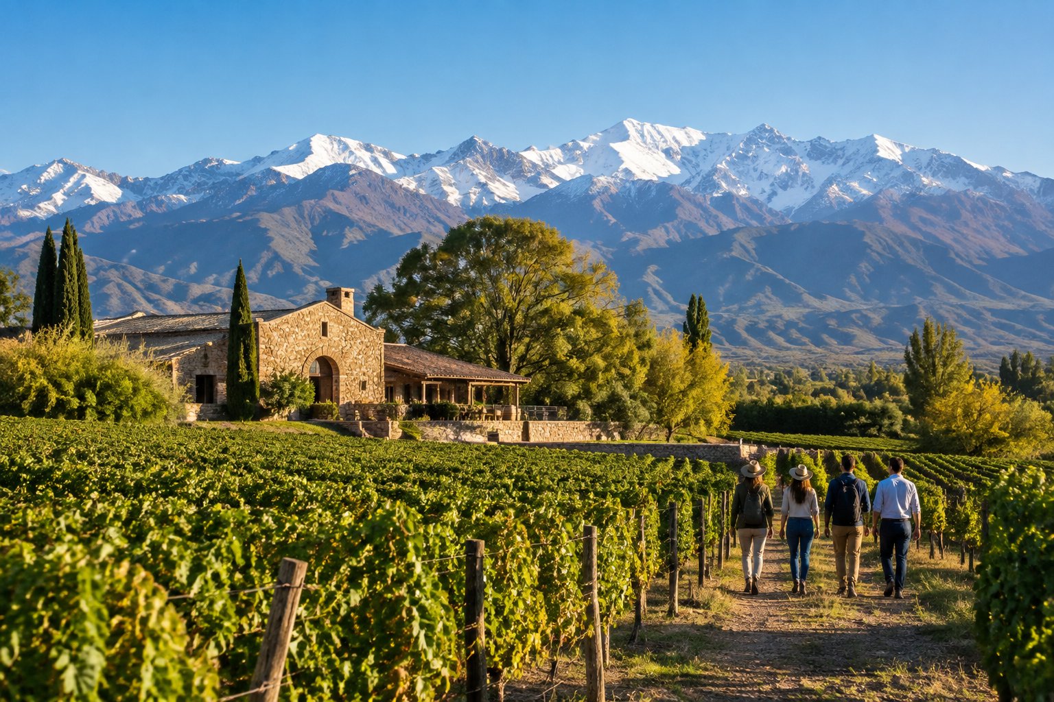 Travelers walk beside a vineyard with the snow-capped Andes in the distance.