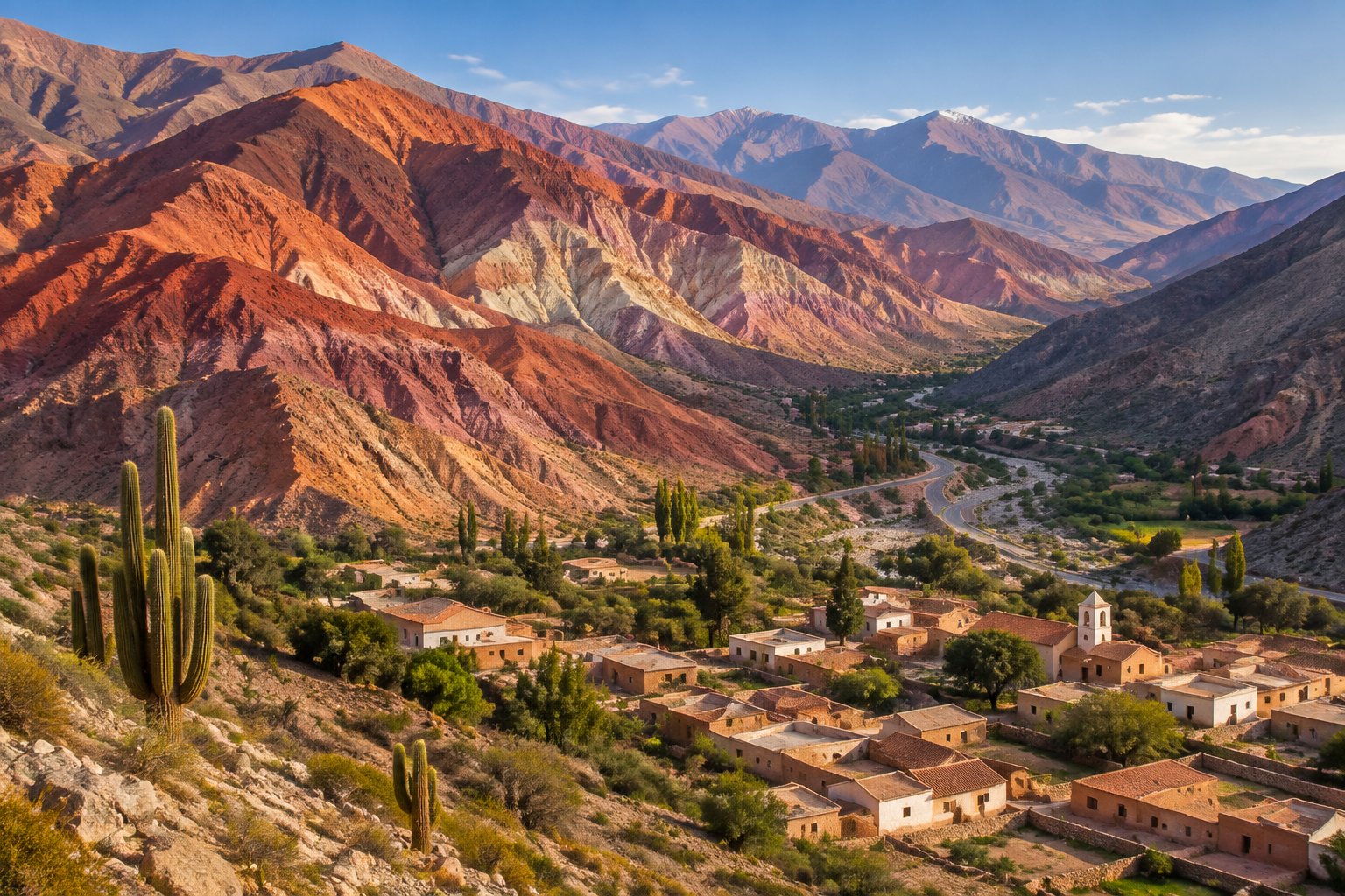 A colorful Andean village beneath layered mountains in northwestern Argentina.