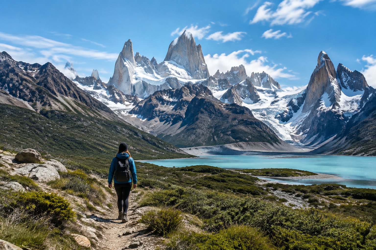 A hiker follows a trail toward the granite peaks of Fitz Roy and Cerro Torre in Patagonia.