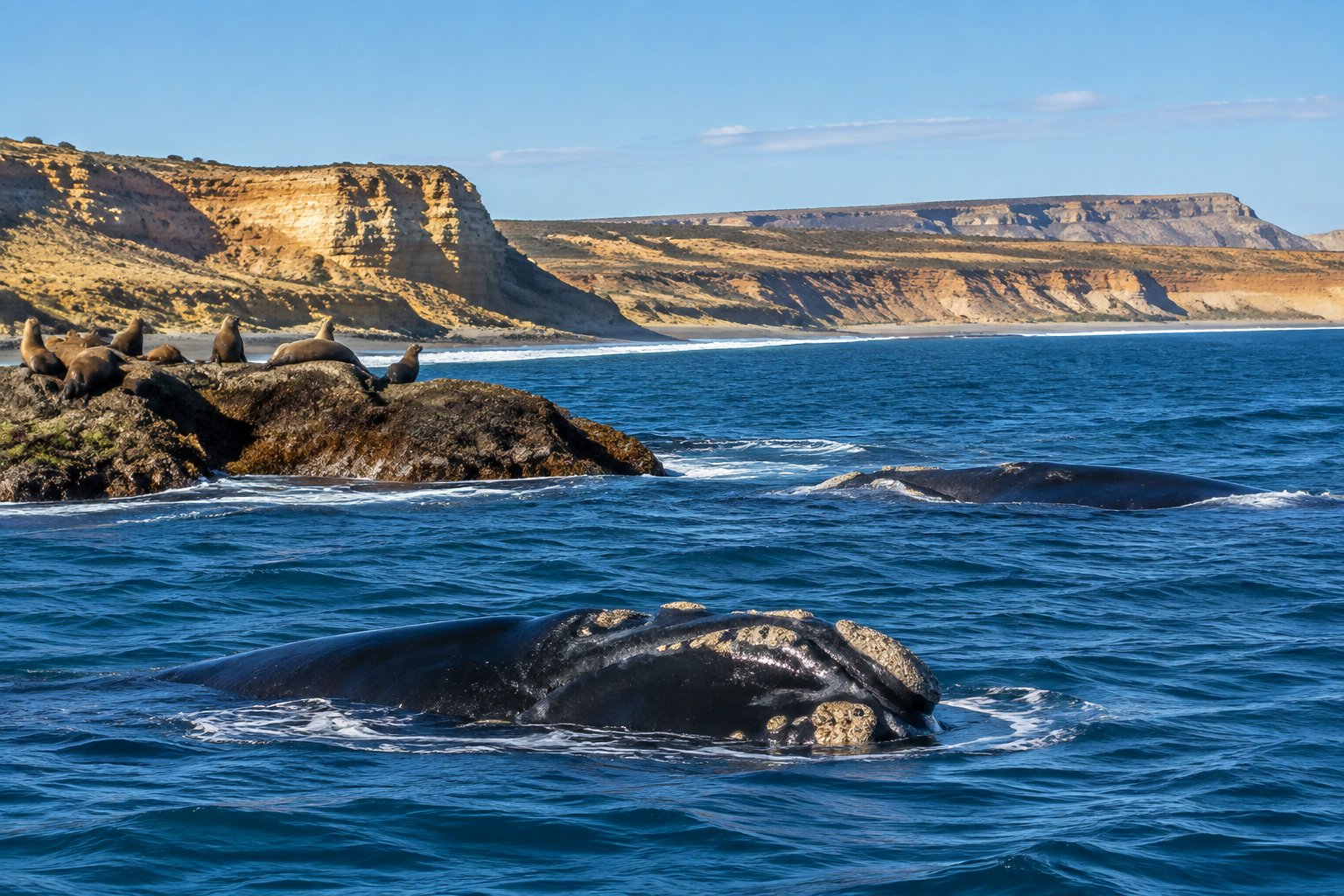 A southern right whale surfaces near the rocky coast of Península Valdés, with sea lions resting on shore.
