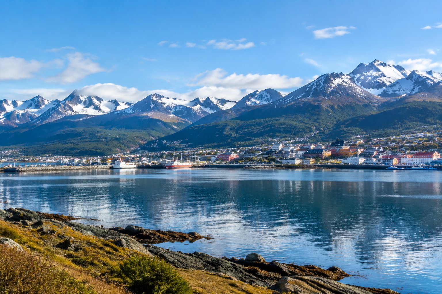 Ushuaia sits beside the Beagle Channel beneath snow-dusted Andean peaks.