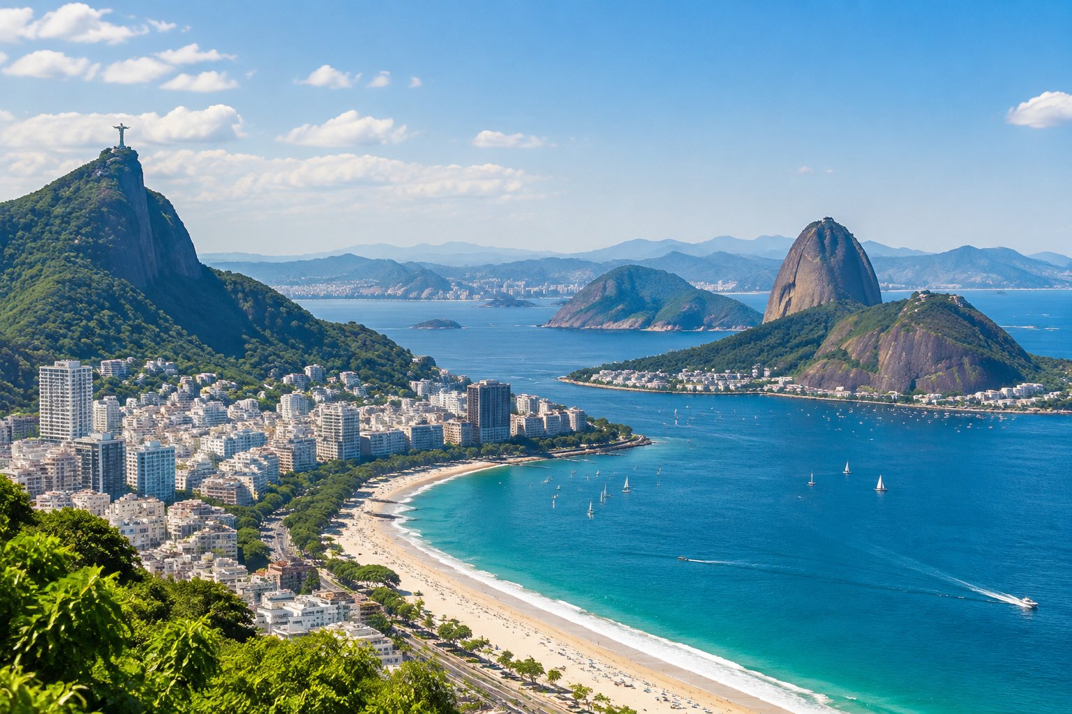 A view of Rio de Janeiro with Christ the Redeemer, Sugarloaf Mountain, the bay, and Copacabana Beach.
