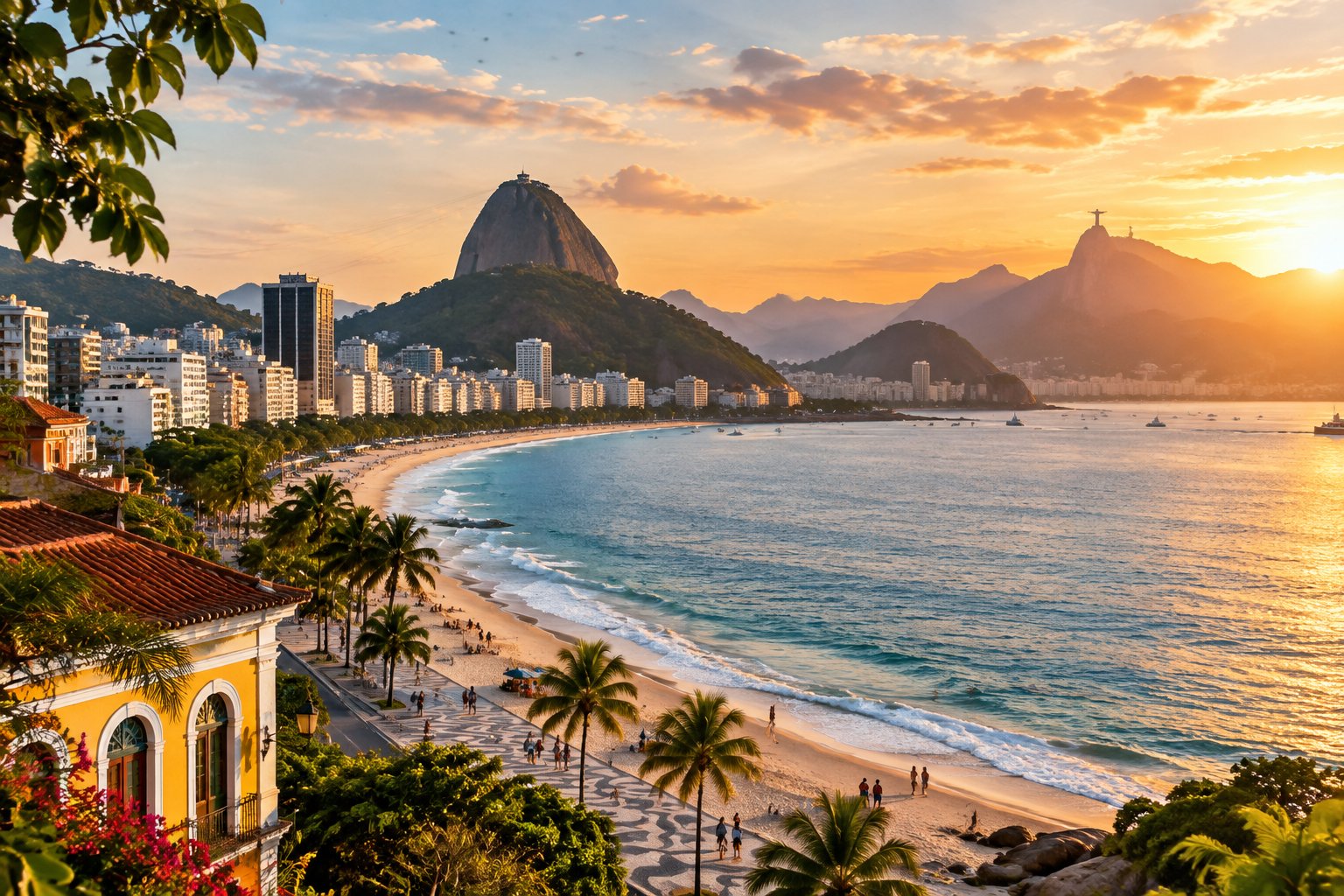 A lively Brazilian waterfront beneath green hills, with Sugarloaf Mountain and Christ the Redeemer in the distance.