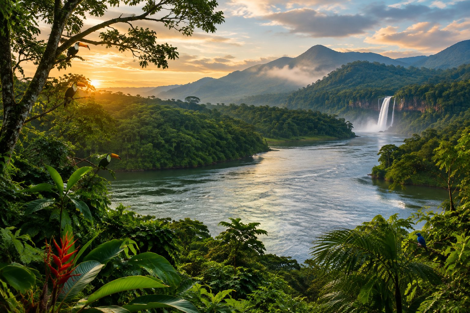 A tropical river winds through dense rainforest beneath distant mountains and a waterfall.