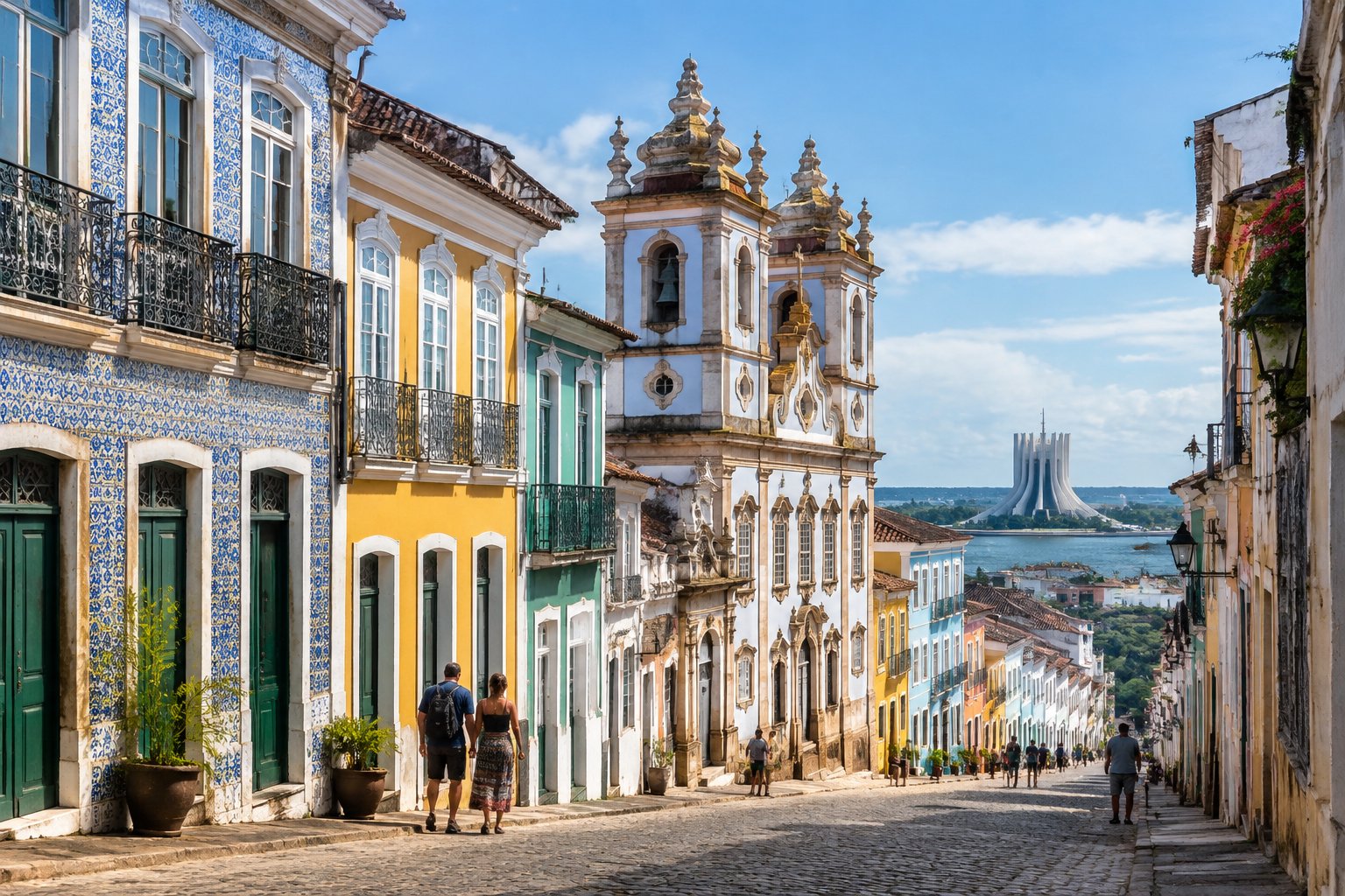 A cobblestone street lined with colorful historic buildings and a church in Brazil.