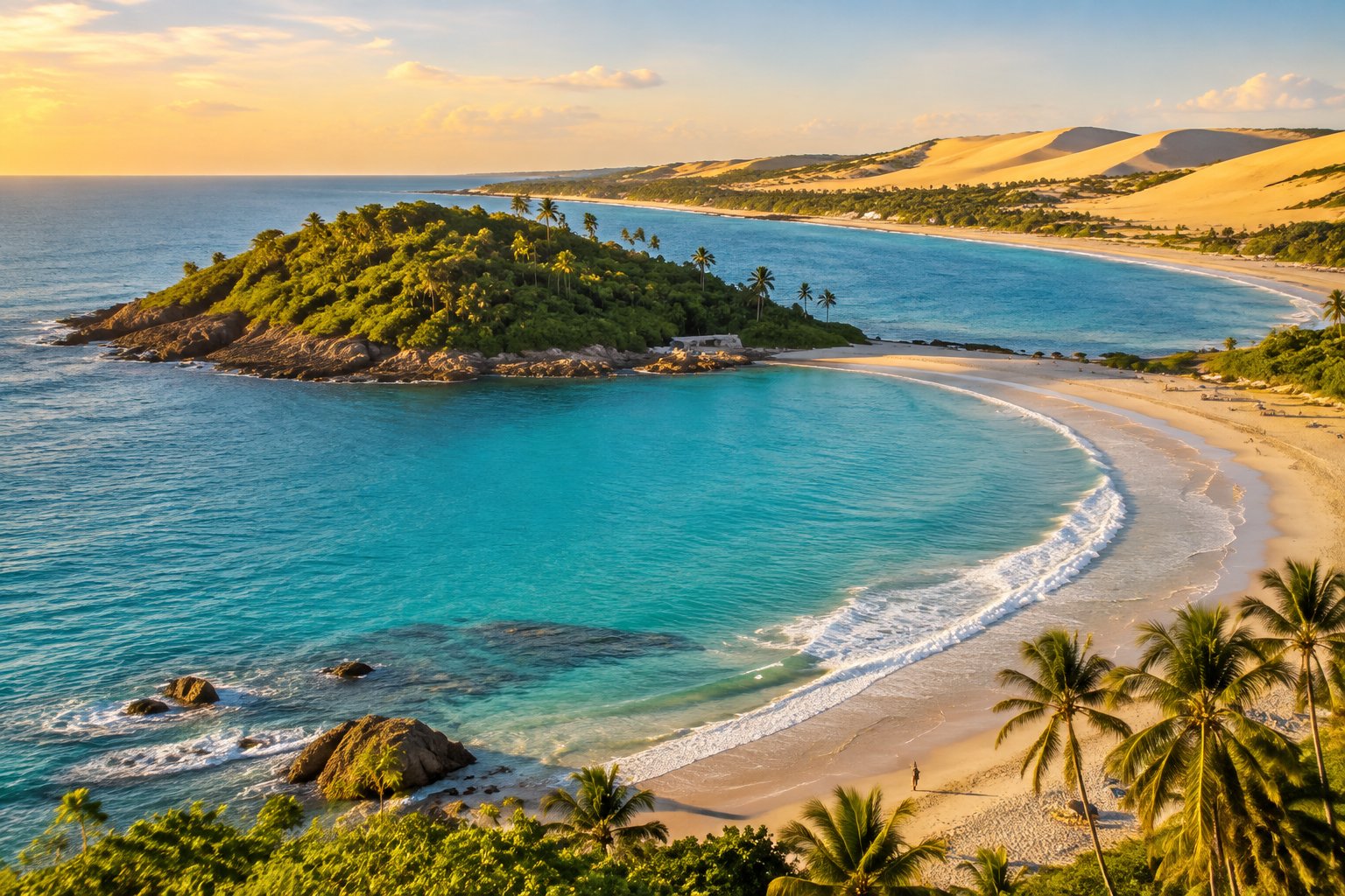 A tropical island, sandy beach, and golden dunes along Brazil’s coast.