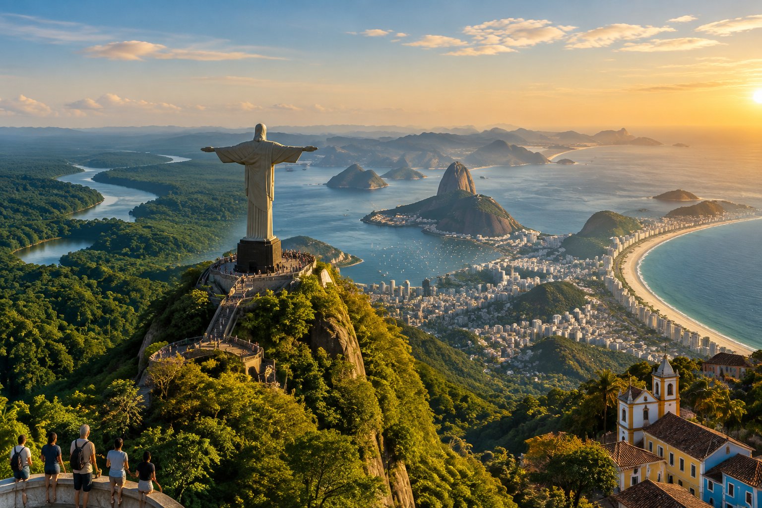 Travelers look out over Rio de Janeiro, with Christ the Redeemer, Sugarloaf Mountain, and the coastline in view.
