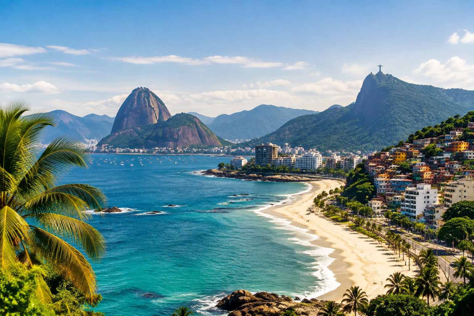A tropical beach beneath green mountains, with Rio de Janeiro landmarks in the distance.