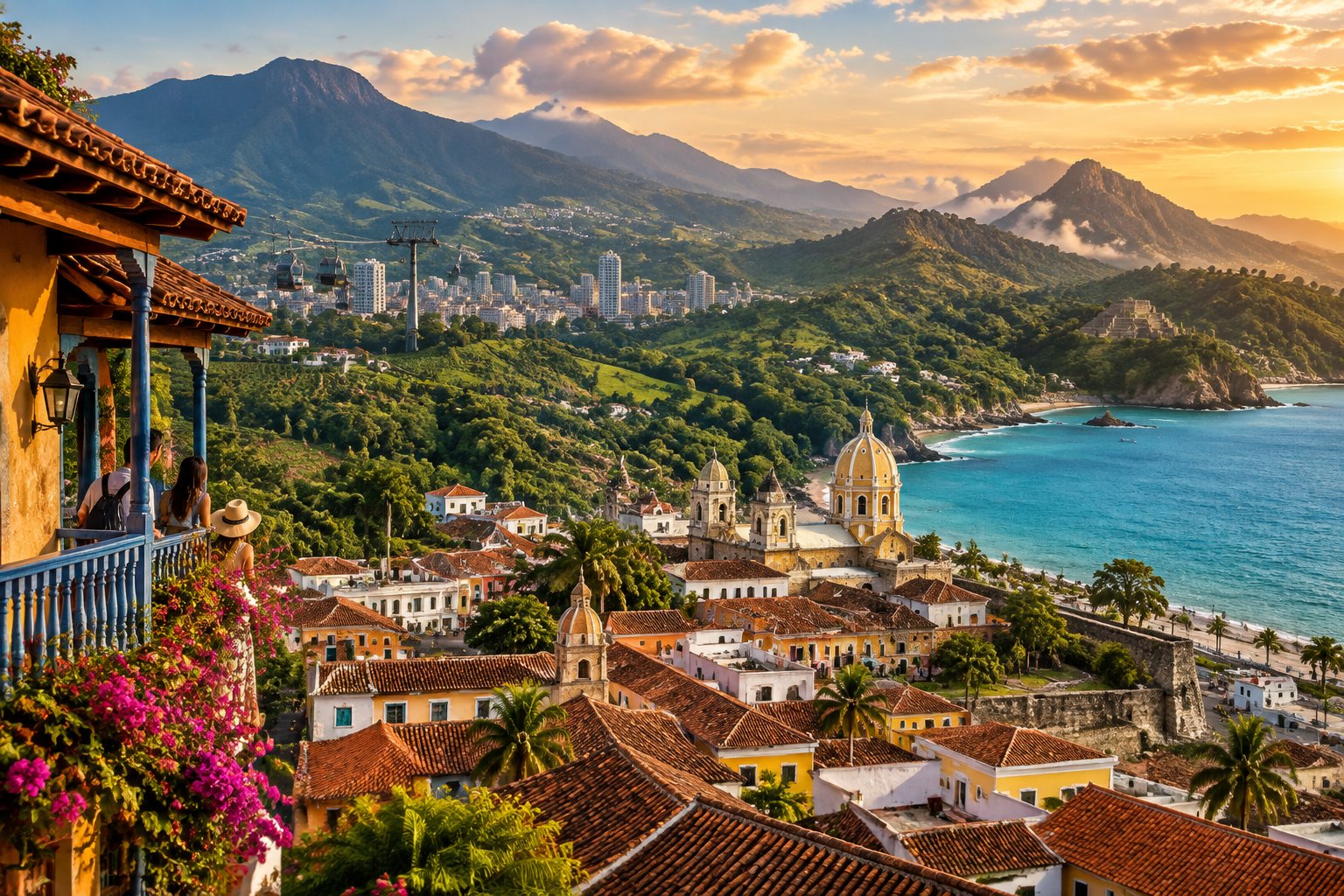 A panoramic view of Colombia’s colorful historic city, Caribbean coast, green mountains, and coffee plantations.