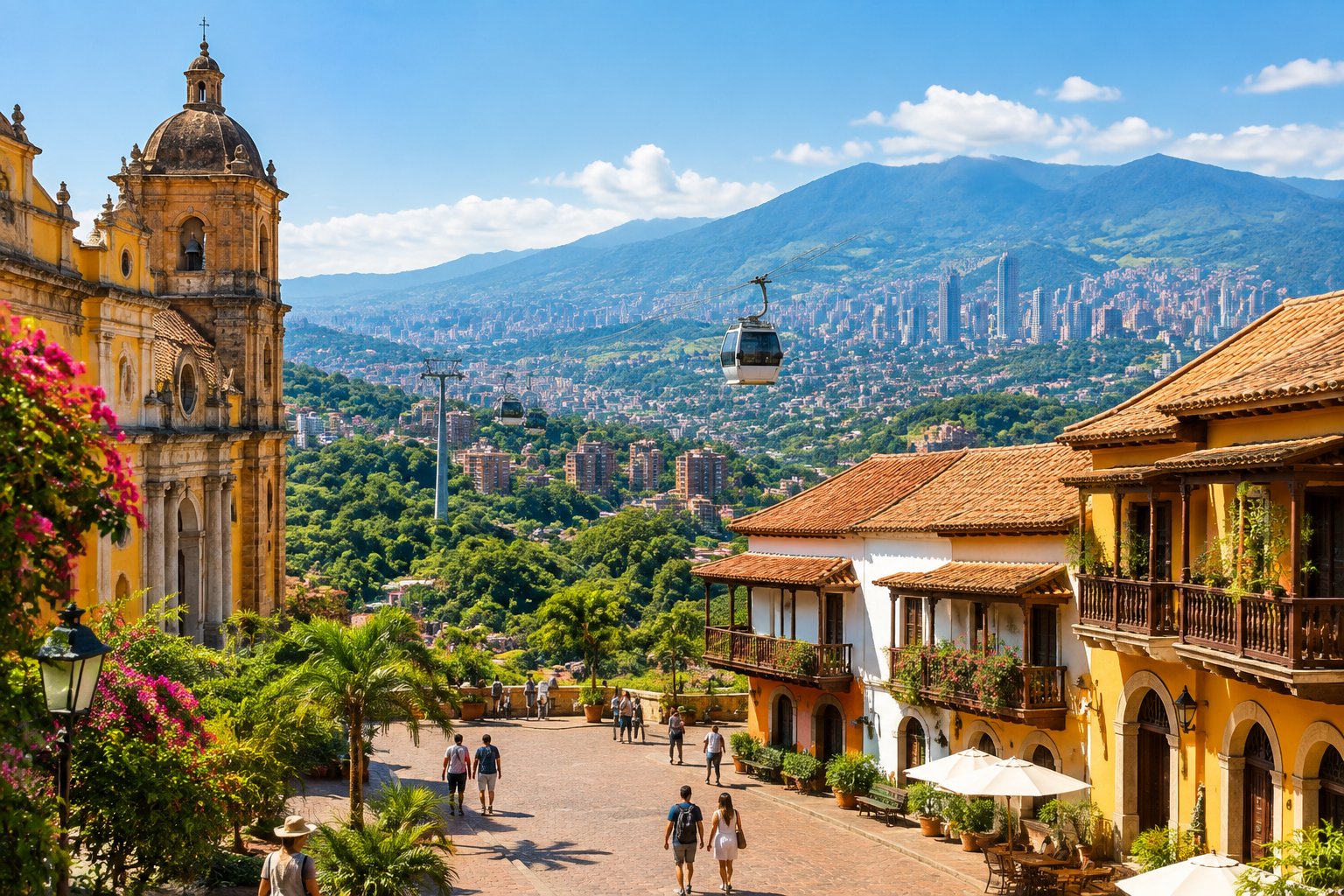 Visitors walk through a historic Colombian plaza, with a cable car and mountain city in the distance.