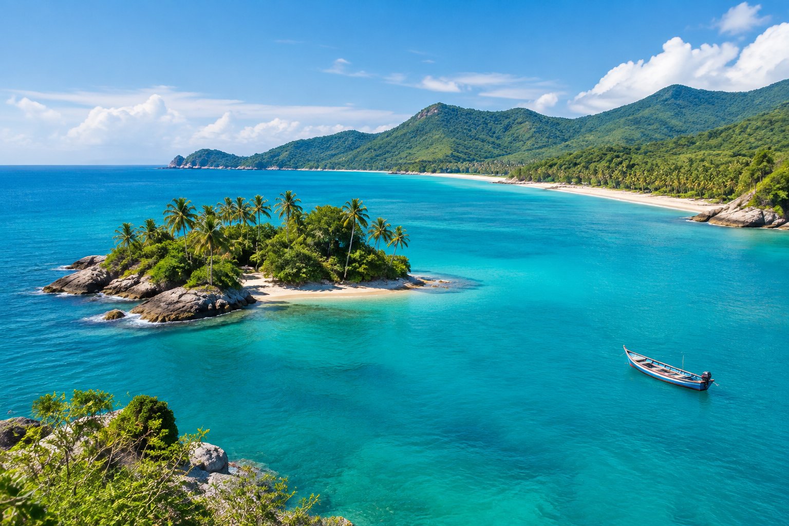 A tropical Colombian coastline with turquoise water, a small palm-covered island, and a wooden boat.