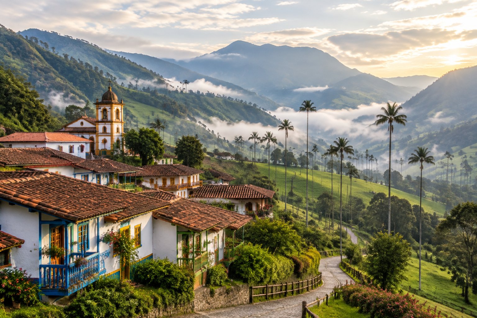 A colorful Andean village overlooks a green valley of towering wax palms and distant mountains.