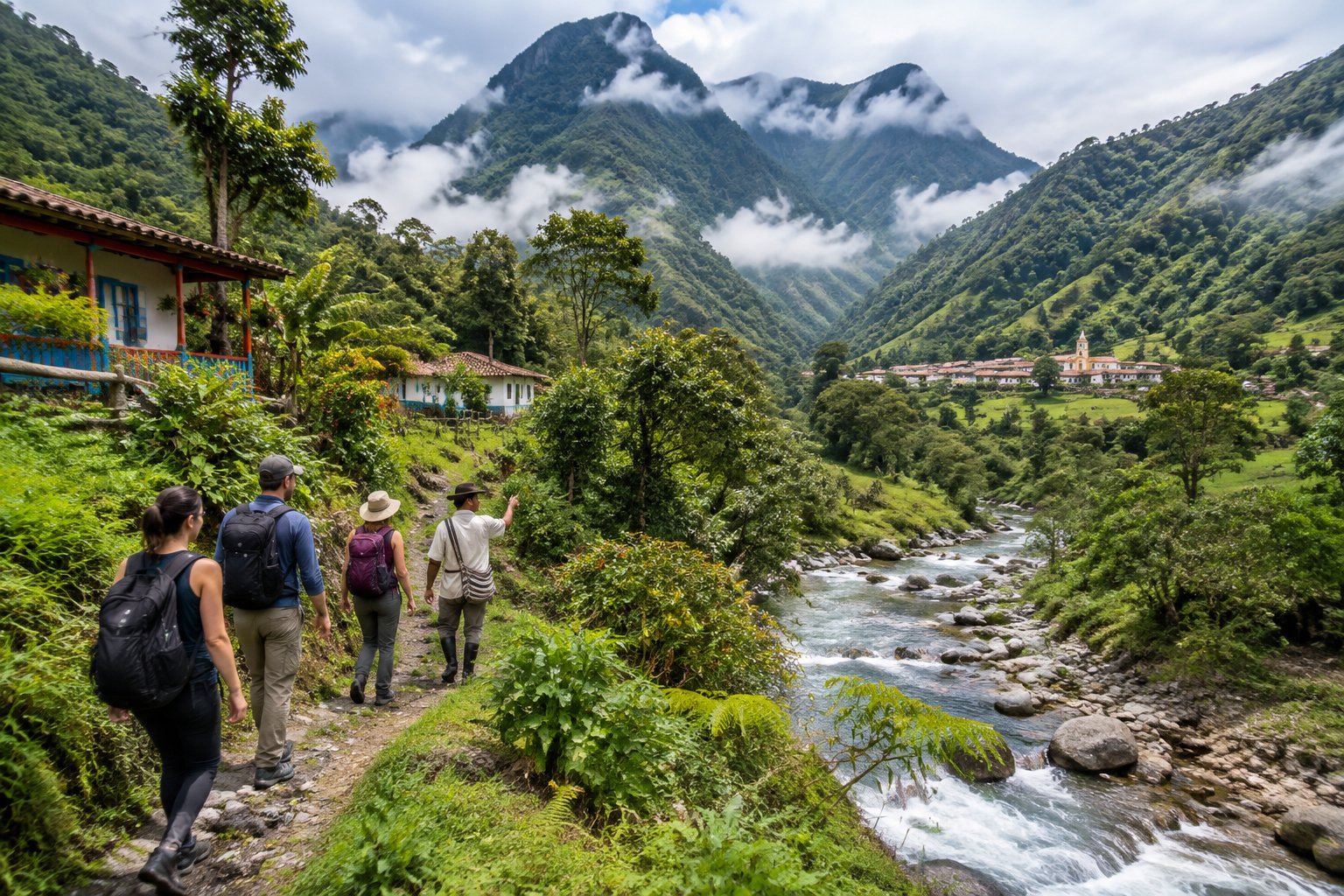 Travelers and a local guide explore a lush mountain valley near a rural Colombian village.