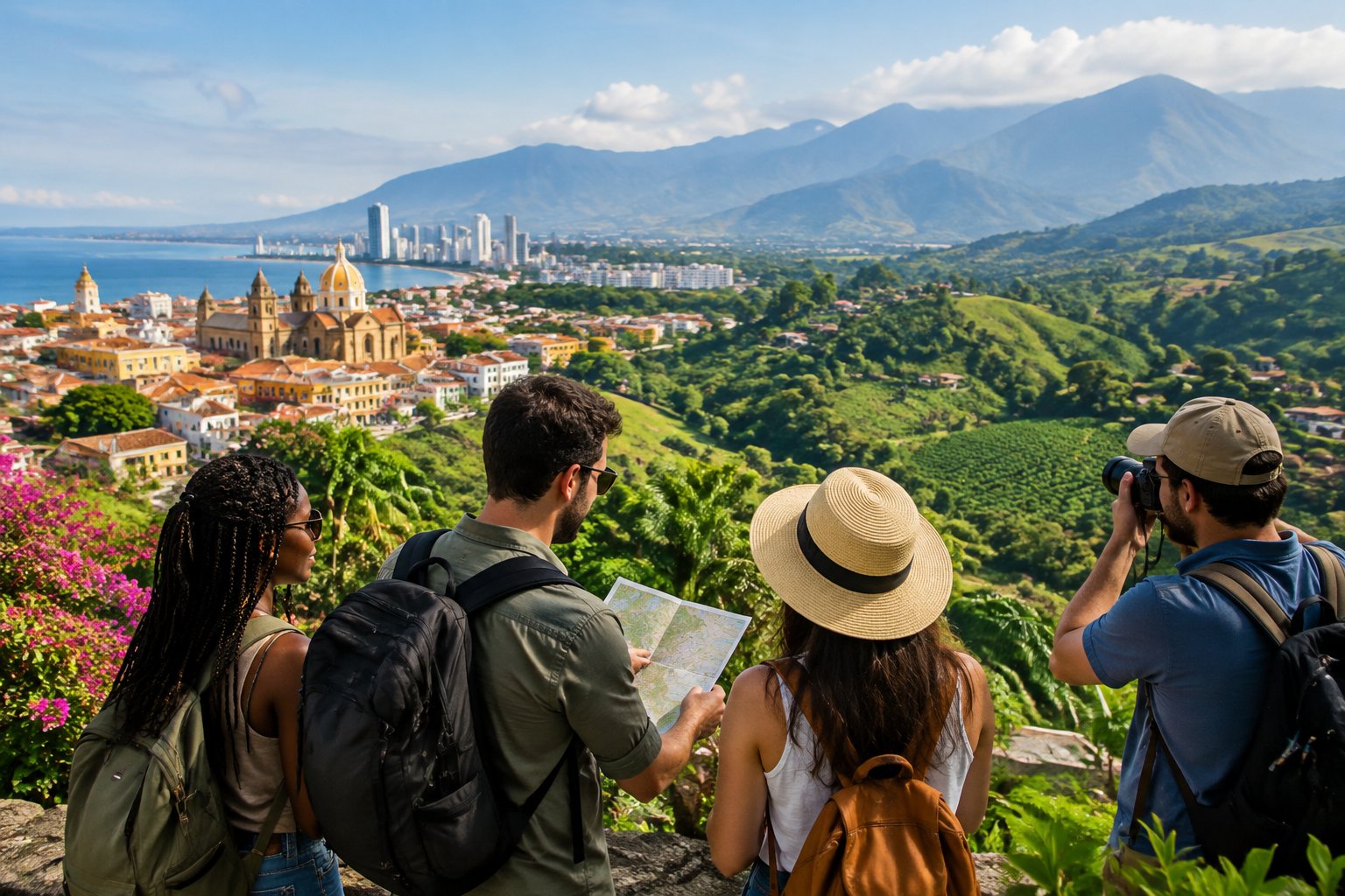 Travelers admire a scenic Colombian landscape with mountains and colorful colonial buildings.