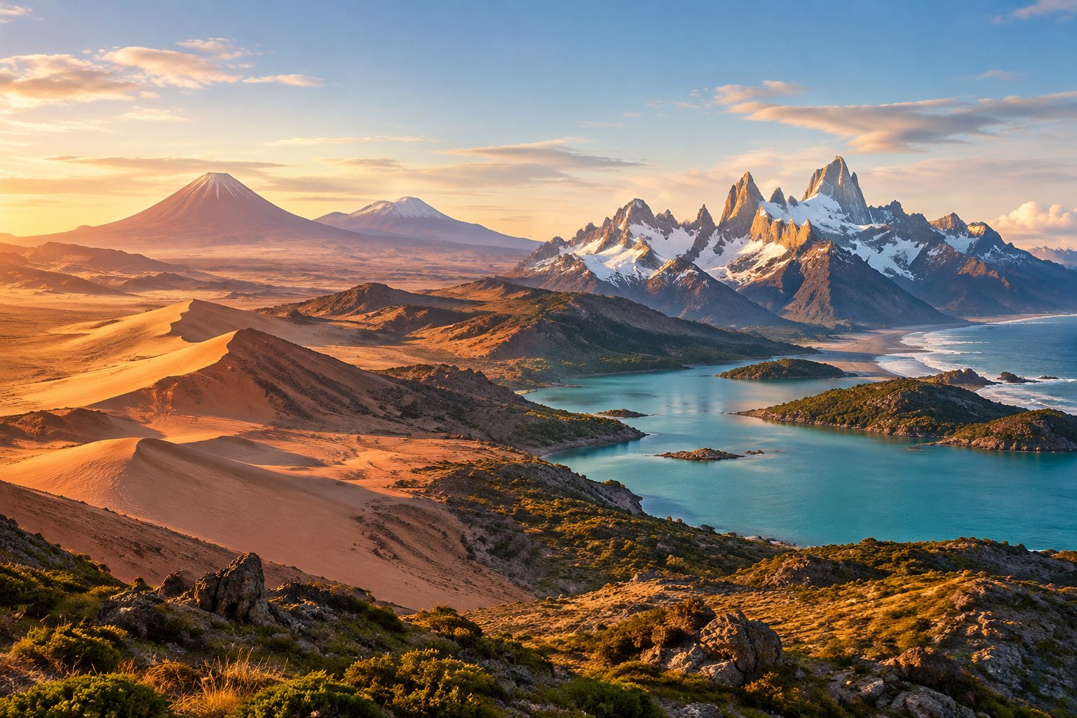 A panoramic view of Chile’s desert, Andes, glacial lake, and Patagonian mountains.