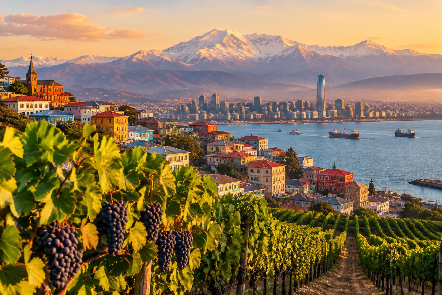 Vineyards, colorful coastal buildings, Santiago’s skyline, and the Andes in the distance.