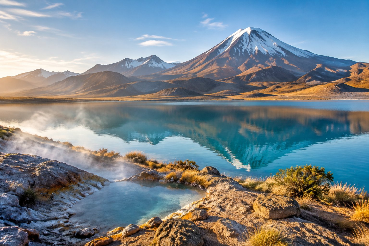 A turquoise Andean lake reflects a volcano, with steam rising from a hot spring along the shore.