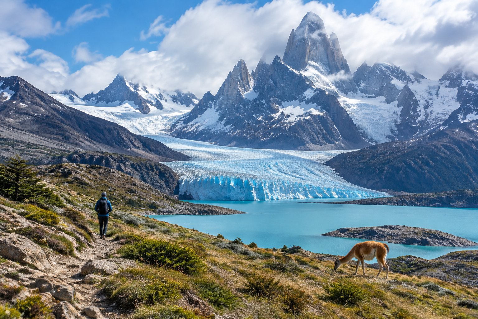 A hiker looks toward a glacier and jagged mountains as a guanaco grazes nearby.