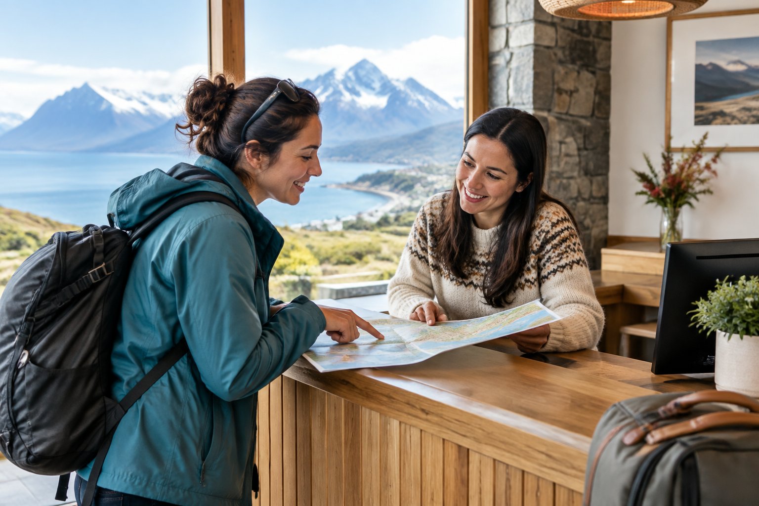 A traveler checks a map with a guesthouse host beside a travel bag.