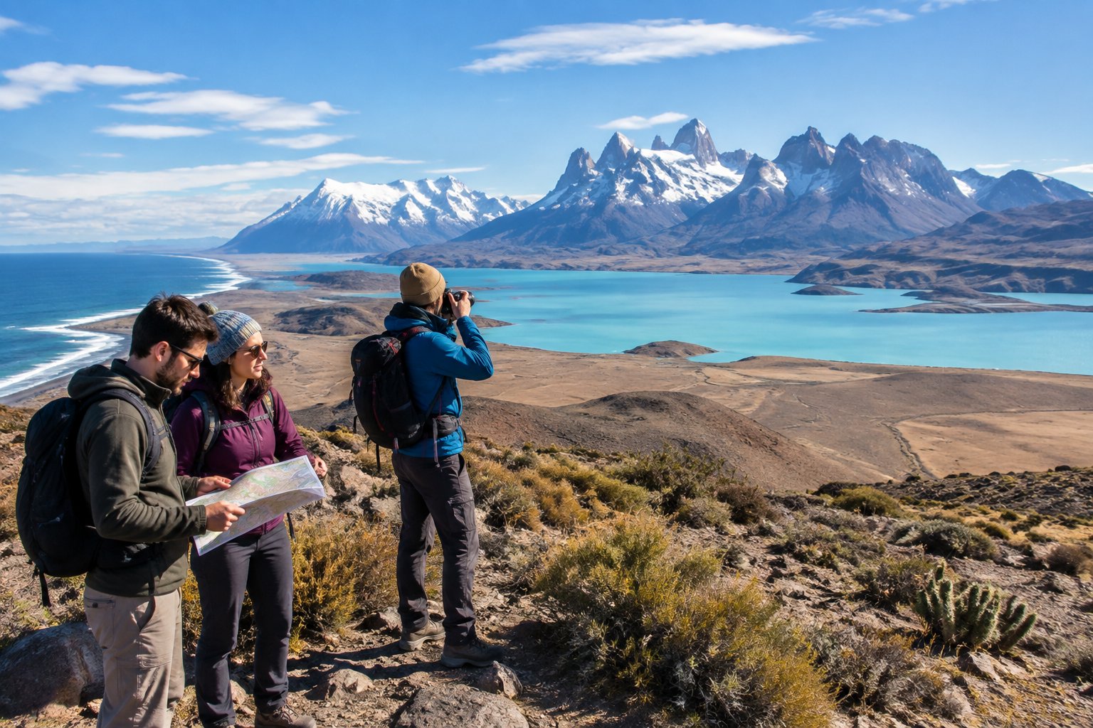 Travelers take in a Chilean landscape of mountains, desert, and coastline.
