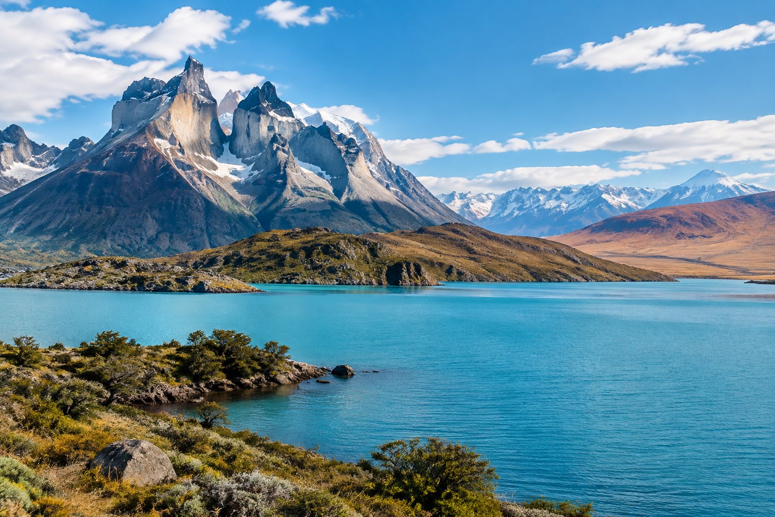 Granite mountains rise above a turquoise lake in Chilean Patagonia.