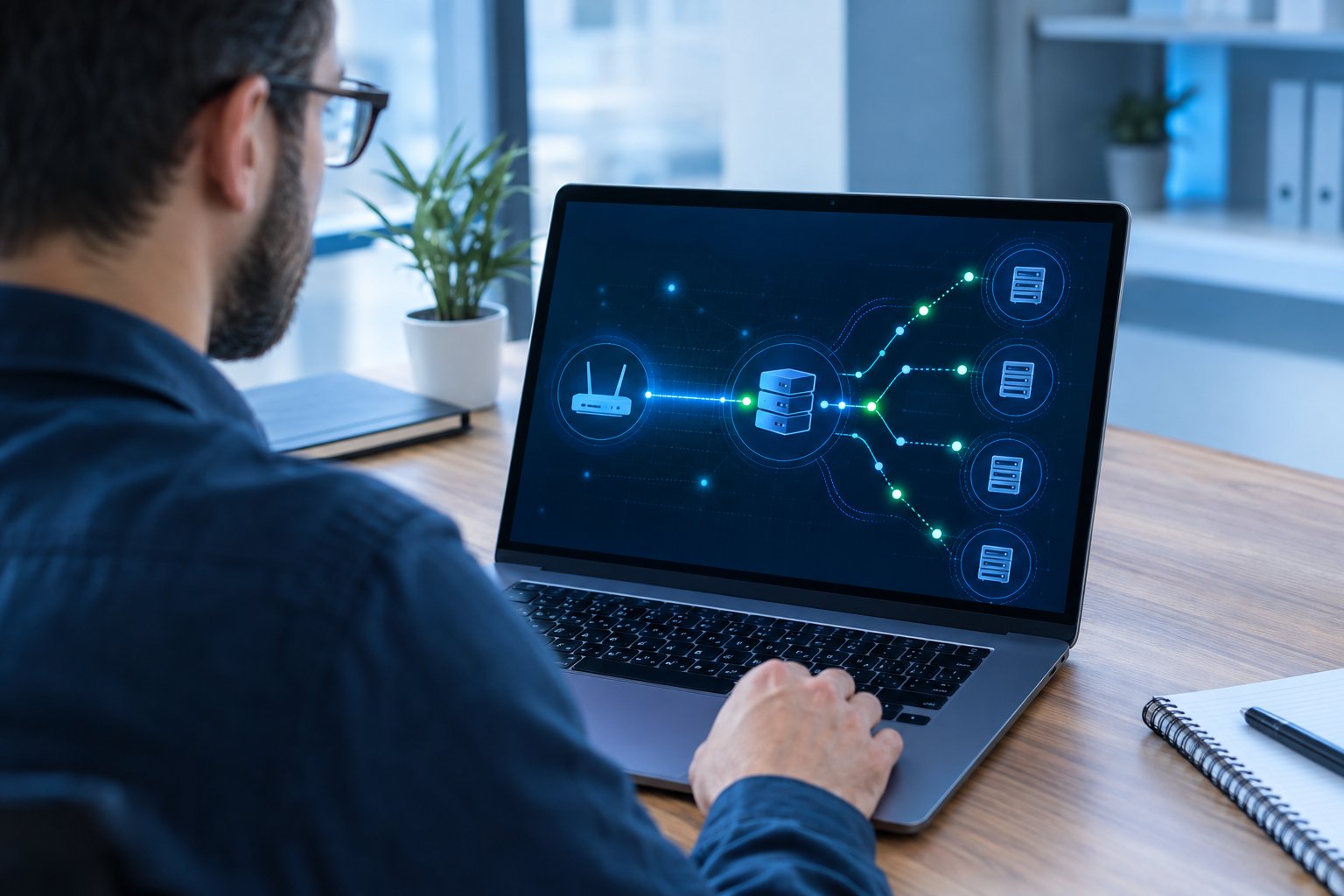 A cybersecurity analyst checks network connections on a laptop.