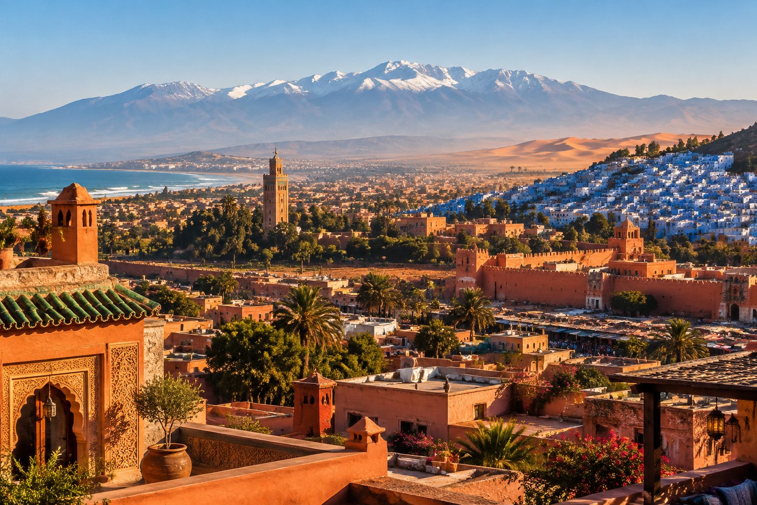 A panoramic view of Moroccan rooftops, a blue hillside town, and the Atlas Mountains.