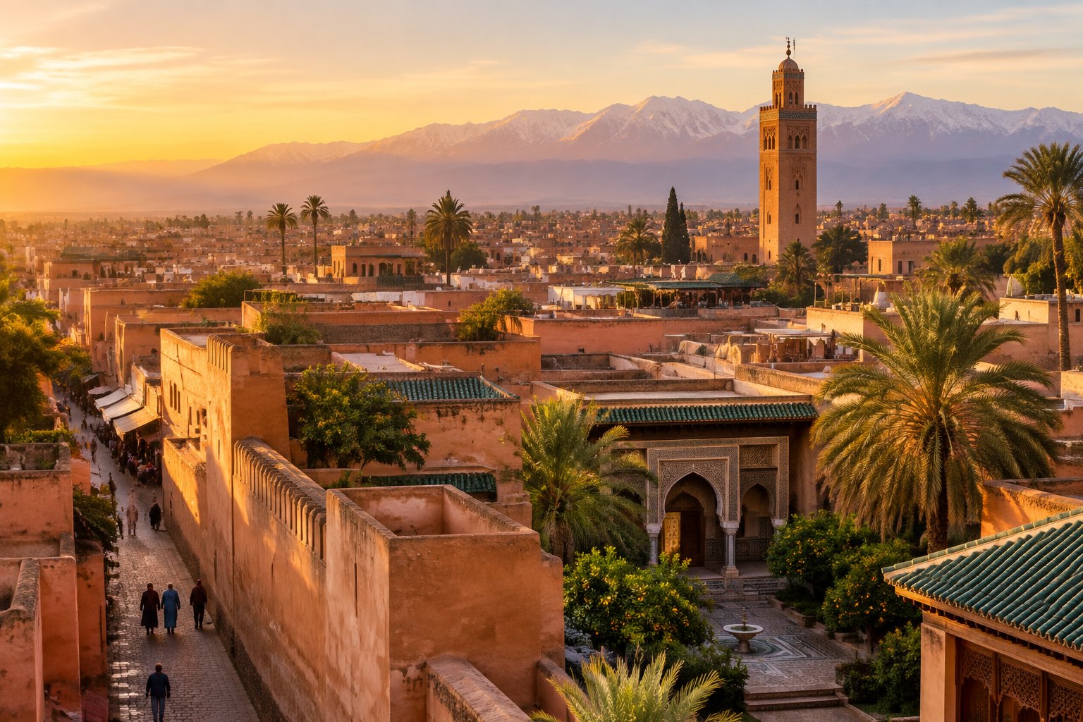 A Moroccan medina with terracotta rooftops and a minaret beneath distant mountains.