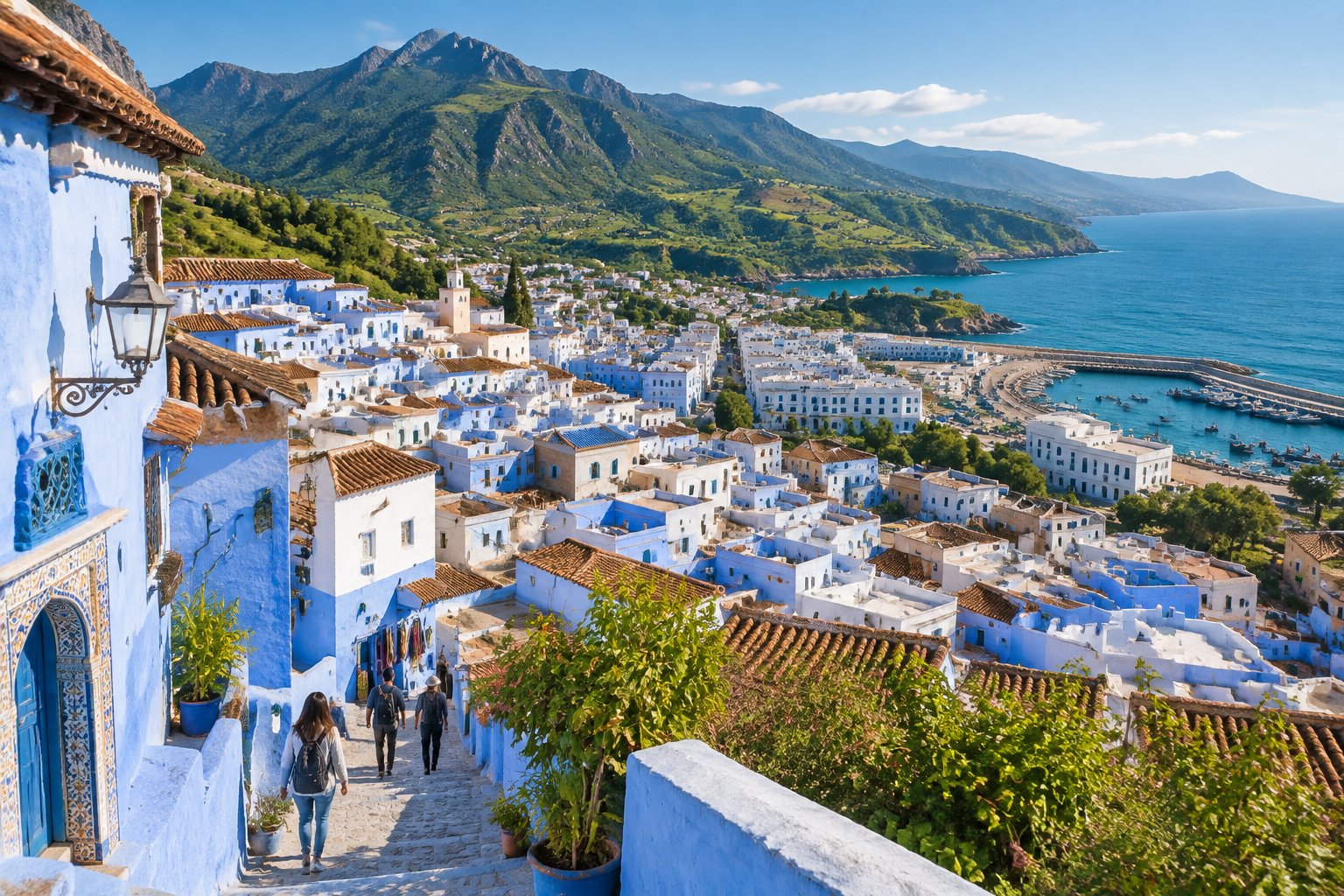 A blue-painted Moroccan medina nestled among green mountains near the Mediterranean coast.