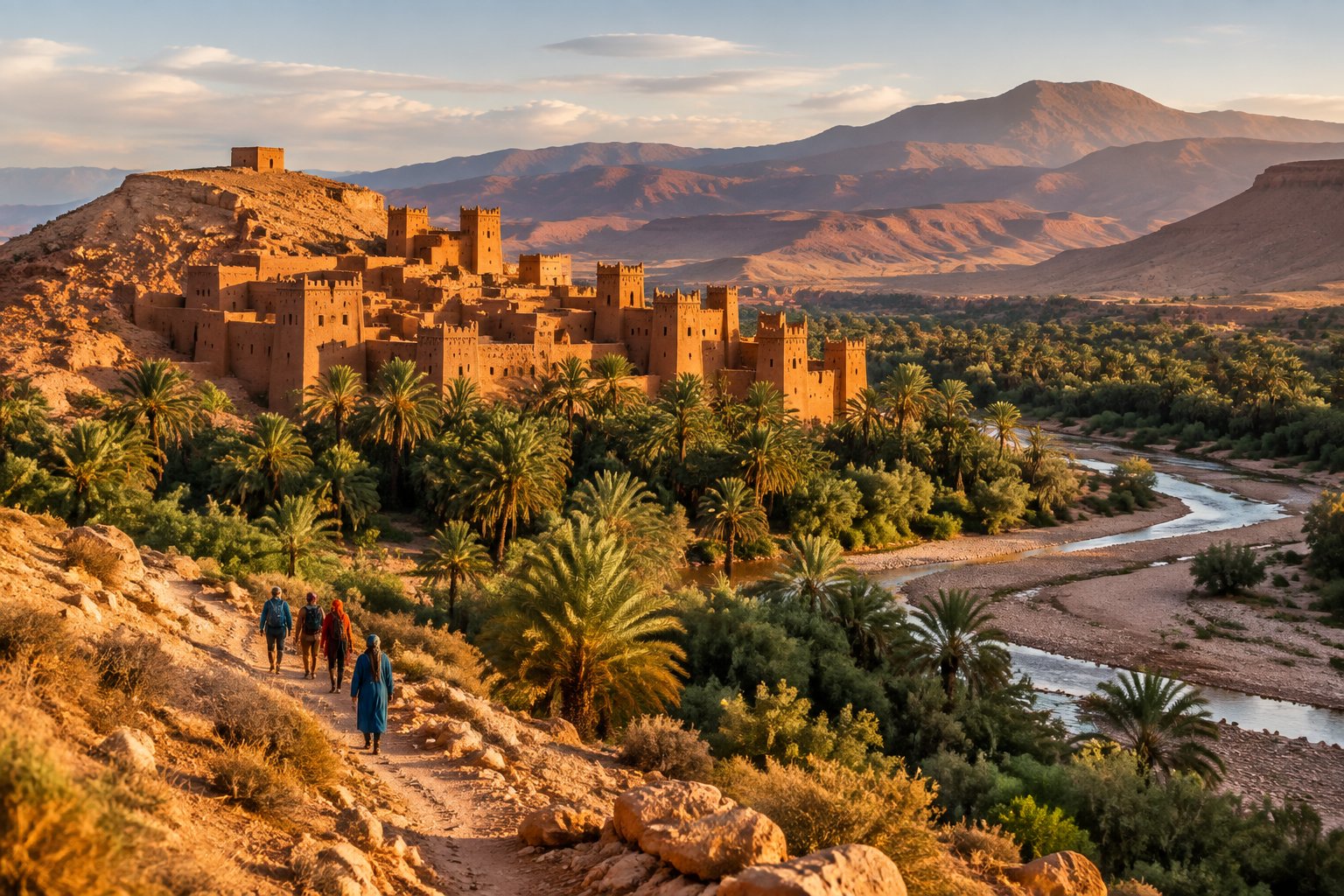 A historic earthen kasbah overlooks a palm-filled oasis beneath ochre mountains.