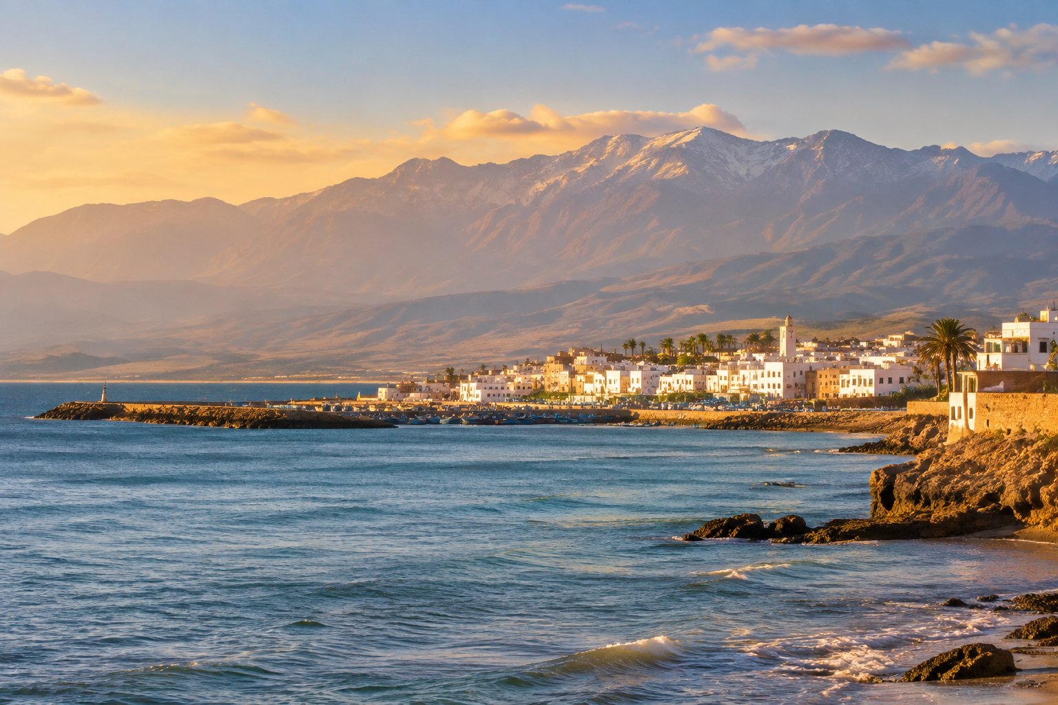 A Moroccan coastal town beside the Atlantic, with the Atlas Mountains in the distance.