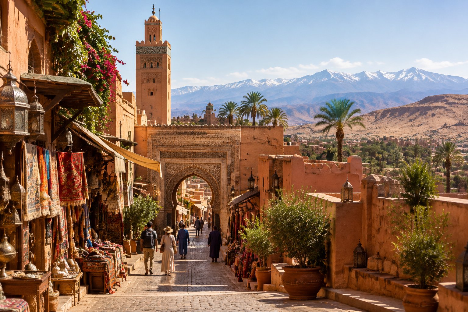 Travelers explore a sunlit Moroccan medina with the Atlas Mountains in the distance.