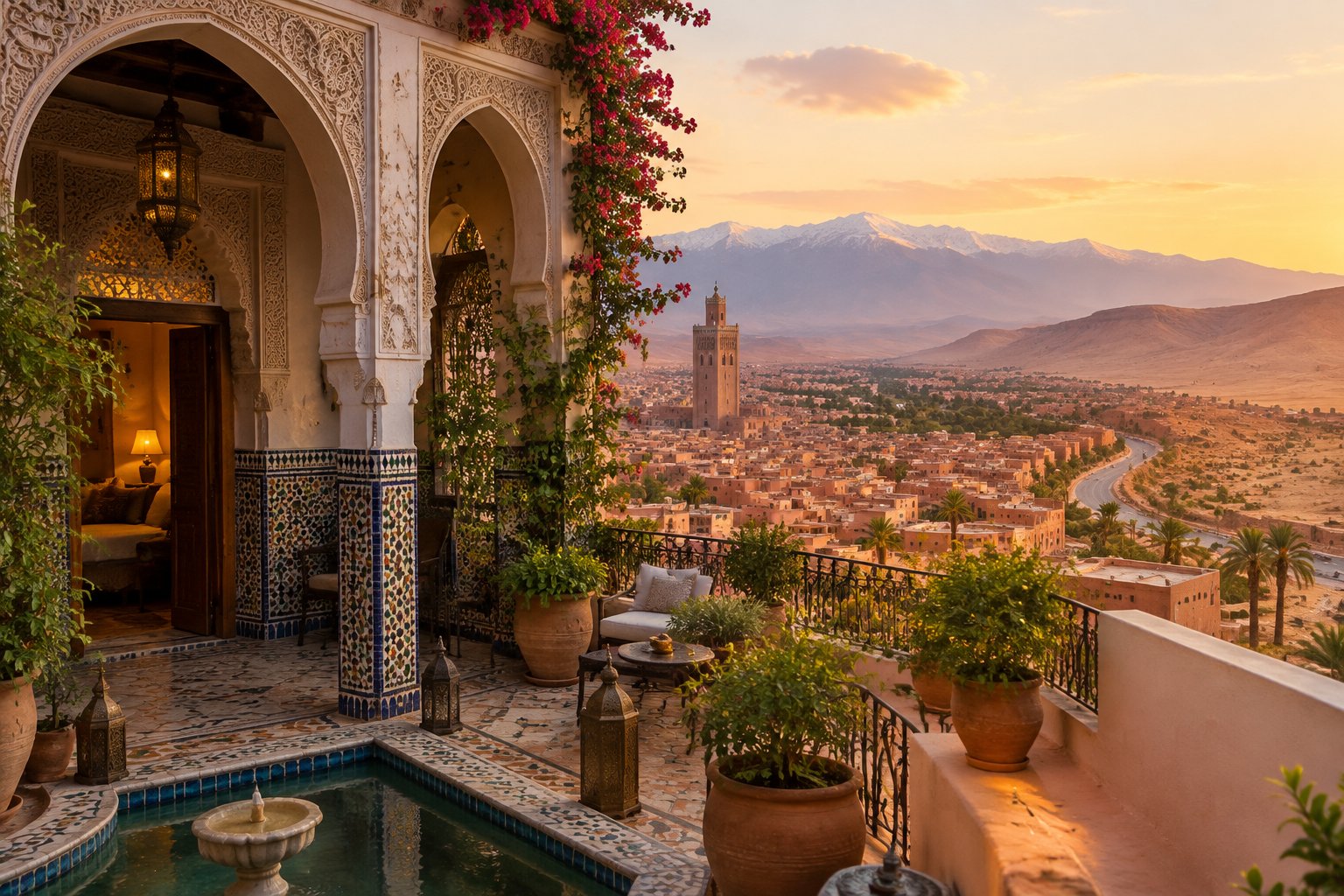A Moroccan riad overlooks a medina, mountains, and desert landscape.