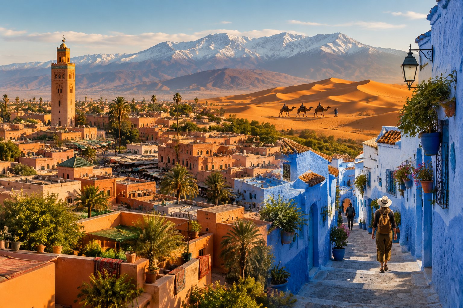 Travelers explore Moroccan medina streets, mountain scenery, and Sahara dunes.