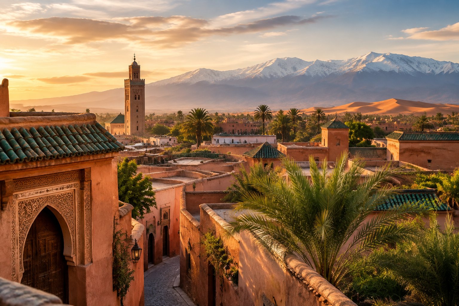 A Moroccan medina with ochre buildings, palm trees, distant mountains, and desert dunes.