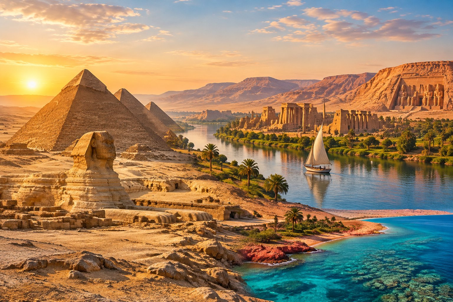 Egyptian landmarks, including the pyramids, the Sphinx, a Nile sailboat, ancient temples, and the Red Sea coast.