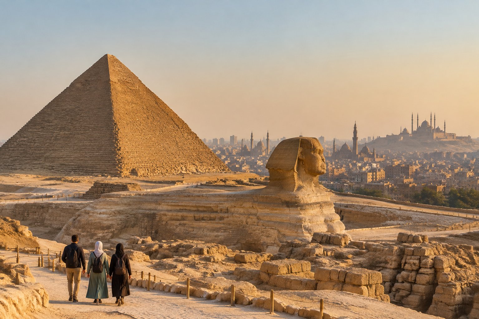 The Great Pyramid and Sphinx stand before Cairo’s distant skyline.