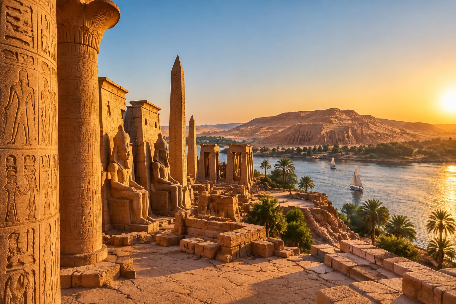 Ancient Egyptian temples and statues stand beside the Nile against a desert landscape.