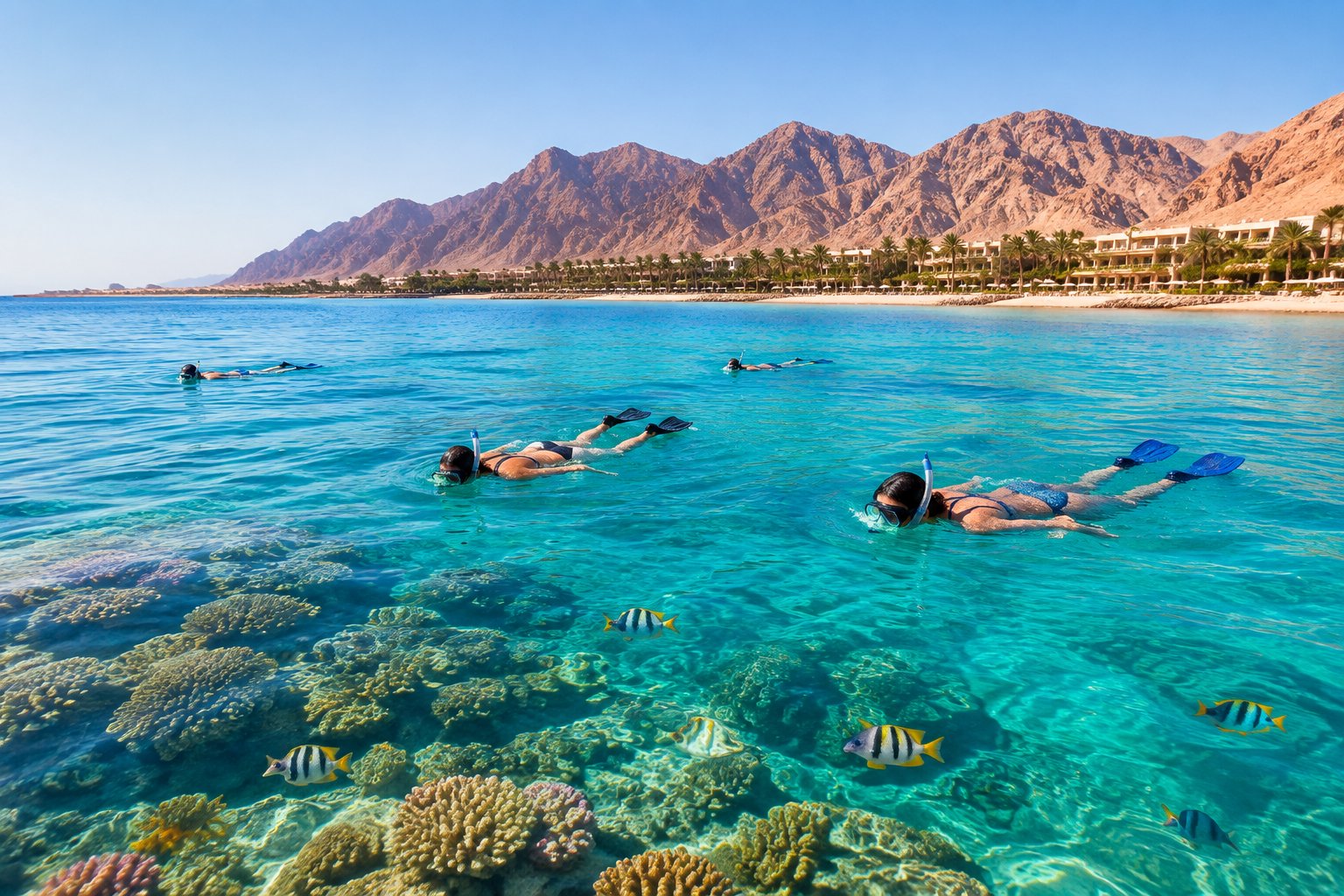 Snorkelers explore a colorful Red Sea reef near a coastal resort, with Sinai mountains in the distance.