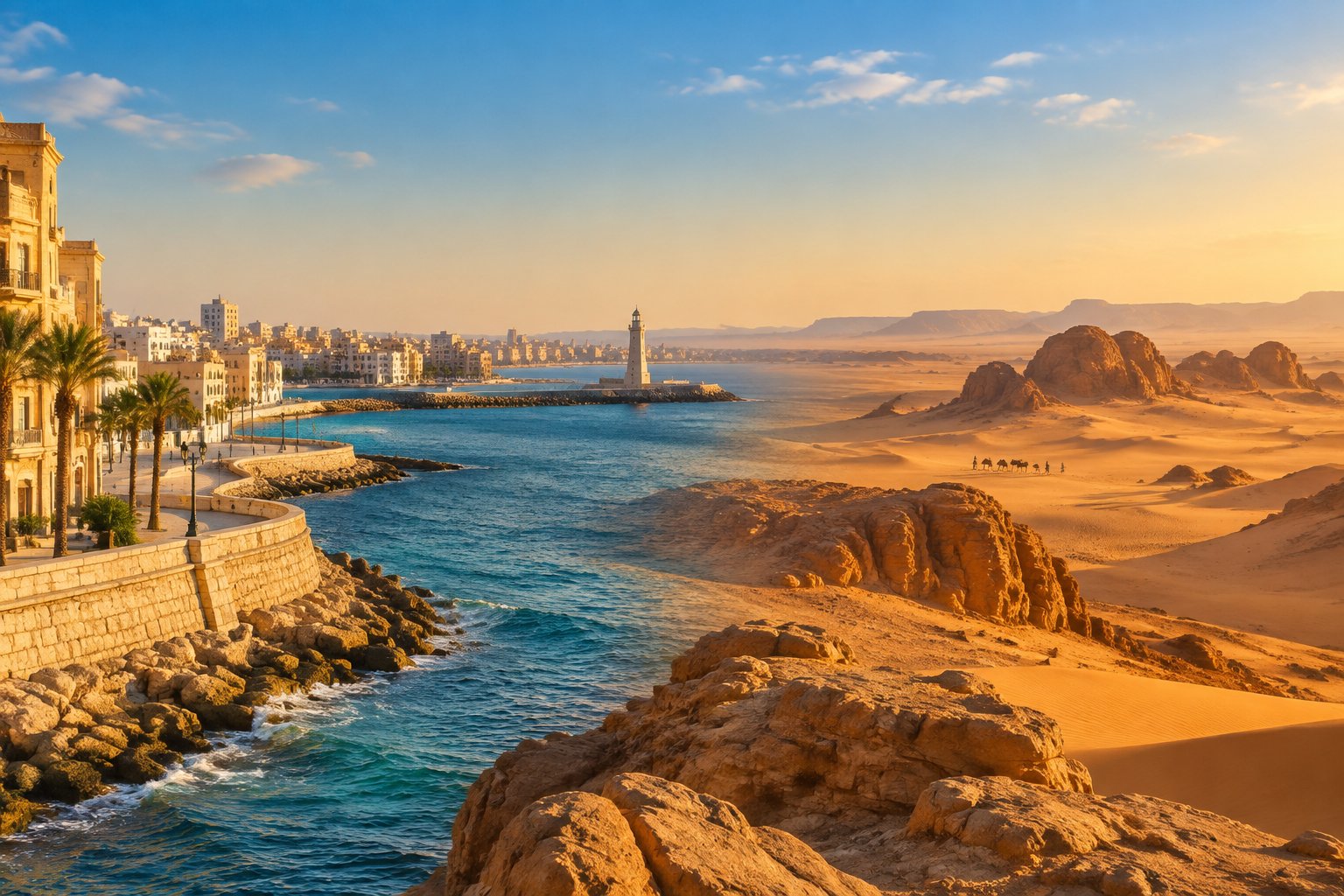 Alexandria’s Mediterranean waterfront meets the vast dunes and rocky landscape of Egypt’s Western Desert.