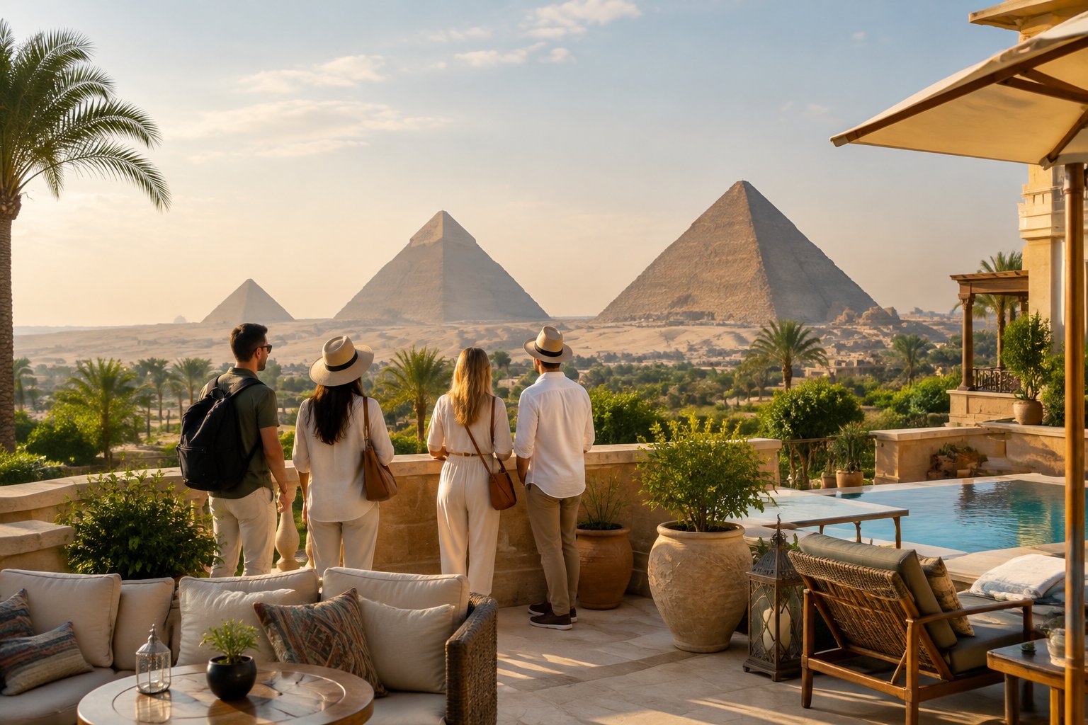 Travelers view the pyramids from a hotel terrace.
