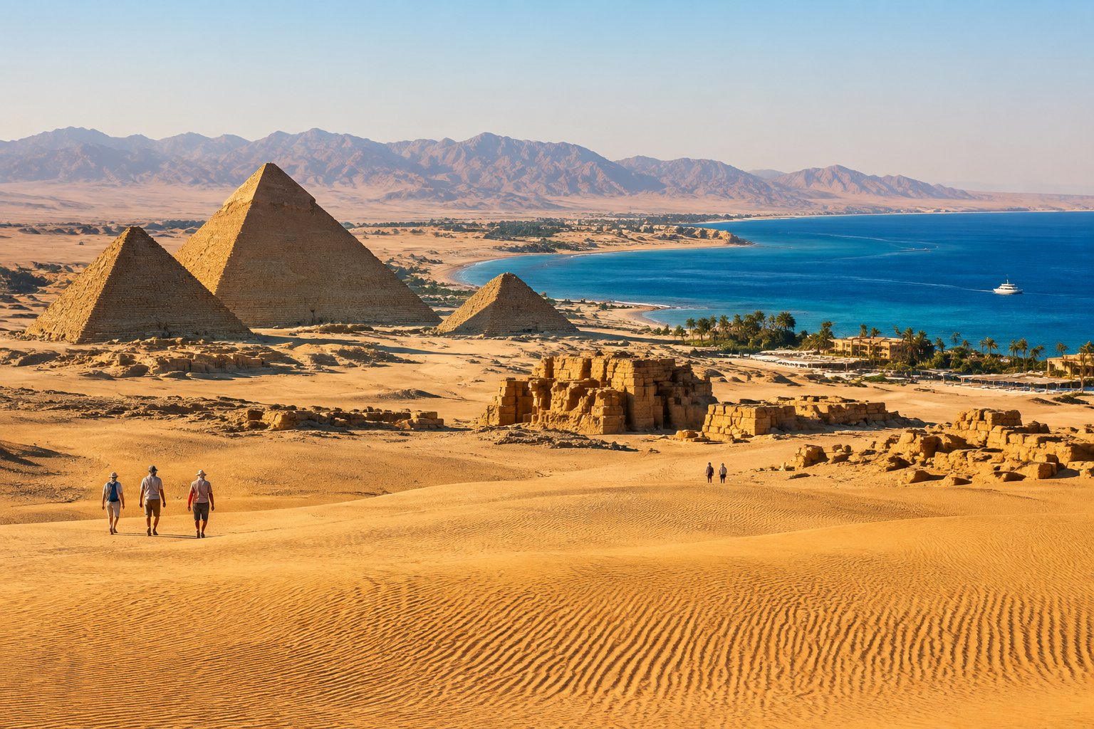 Pyramids and desert dunes overlook a blue coastline in Egypt.