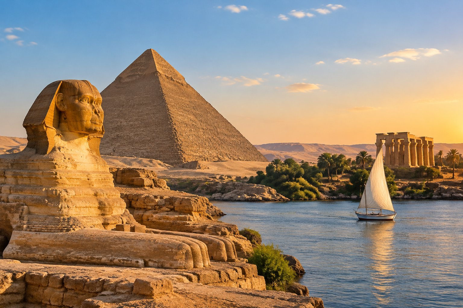 The pyramids and Sphinx beside the Nile, with a sailboat and ancient temple in the distance.