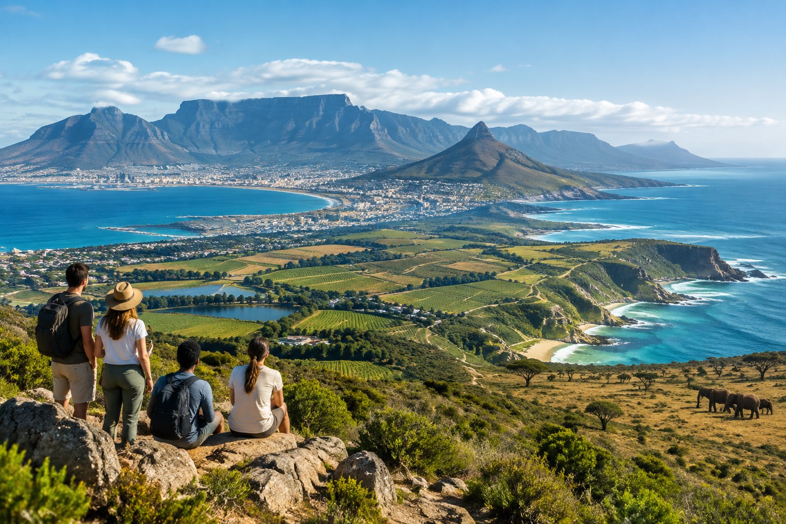 Travelers admire a scenic view of South African mountains, coastline, and safari landscape.