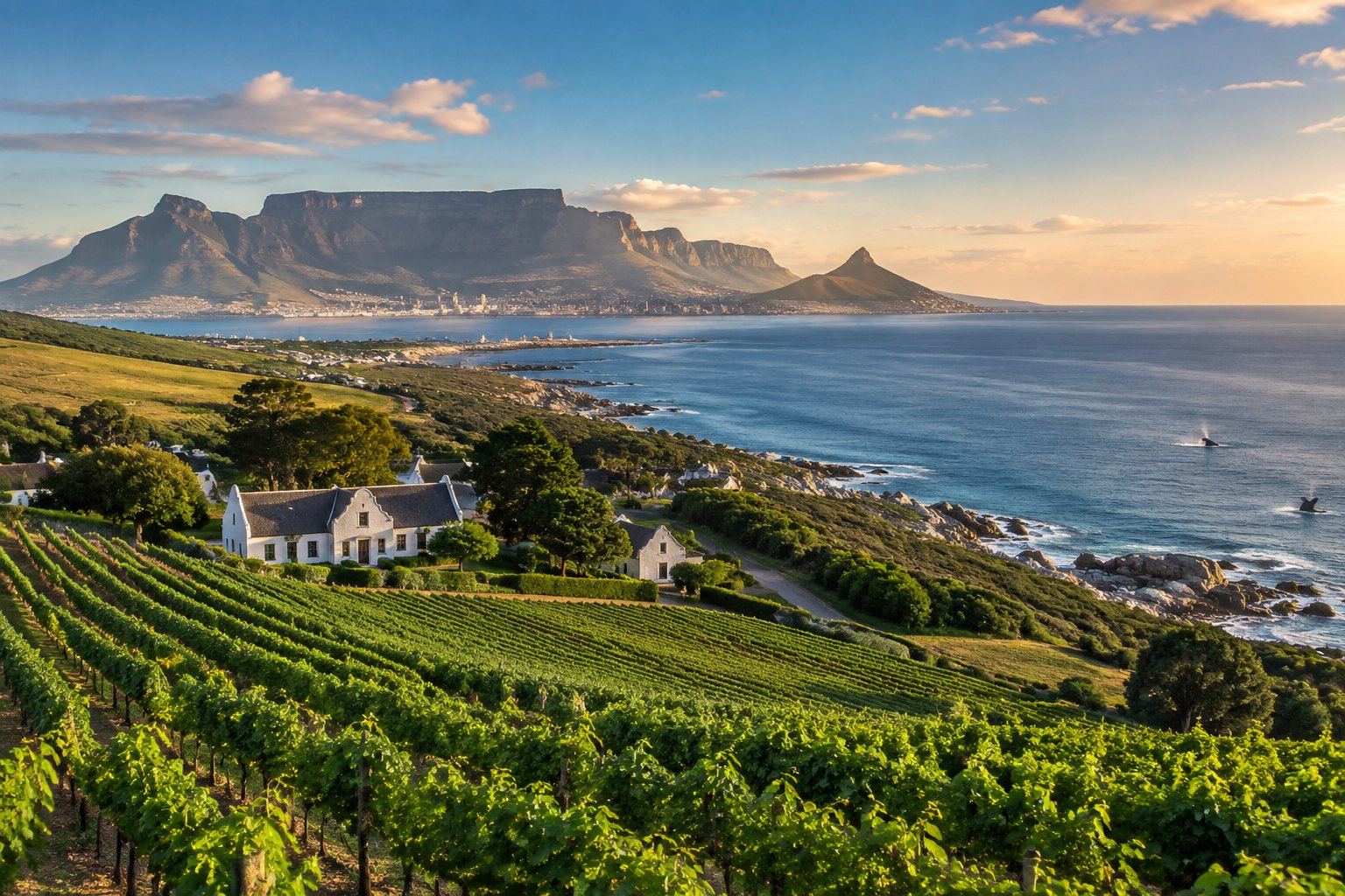 Table Mountain, vineyard-covered hills, and a whale near the South African coast.