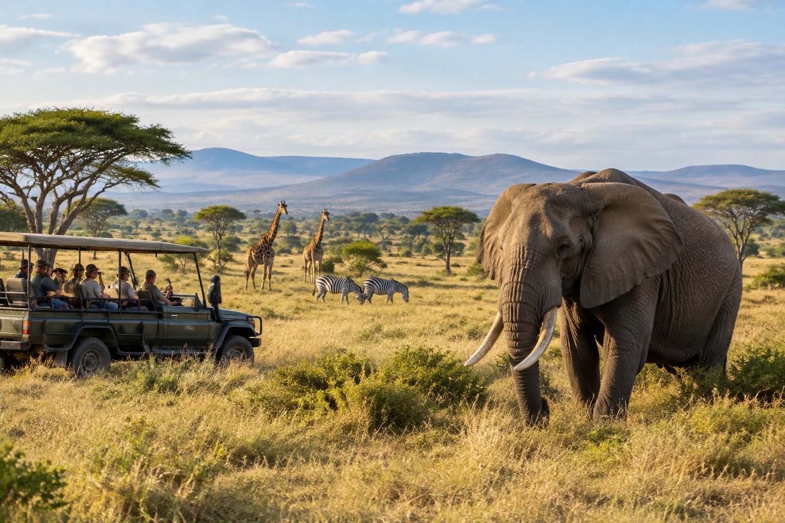 Safari travelers watch an elephant and other wildlife across a South African savanna.