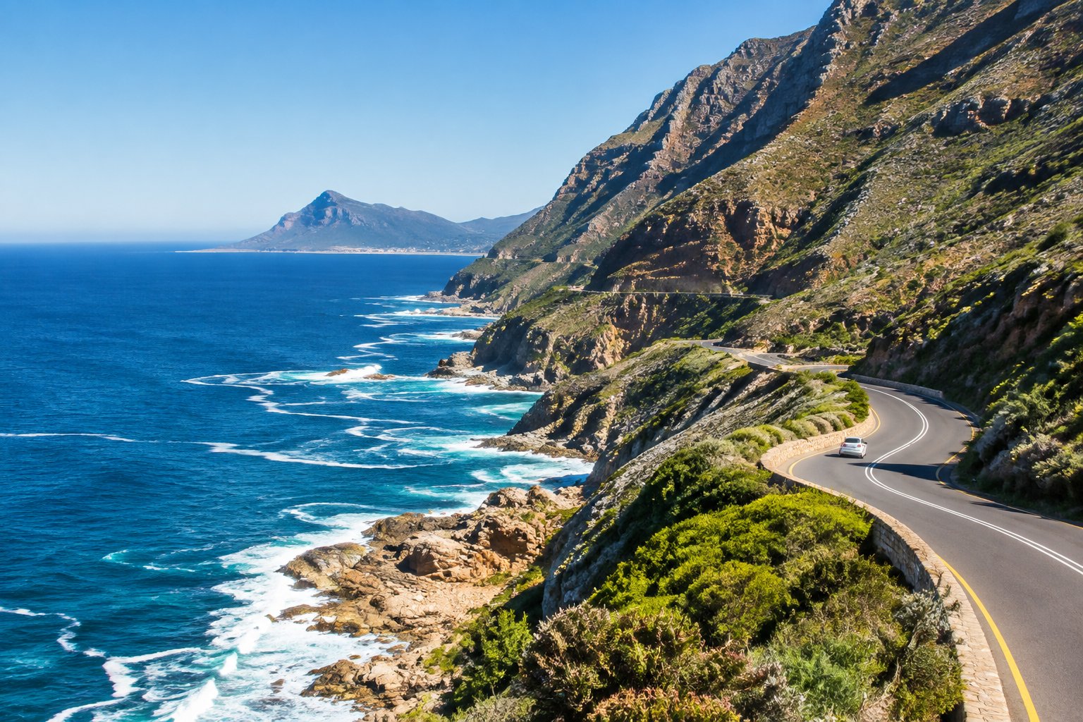 A winding coastal road follows the shoreline beneath steep mountains in South Africa.