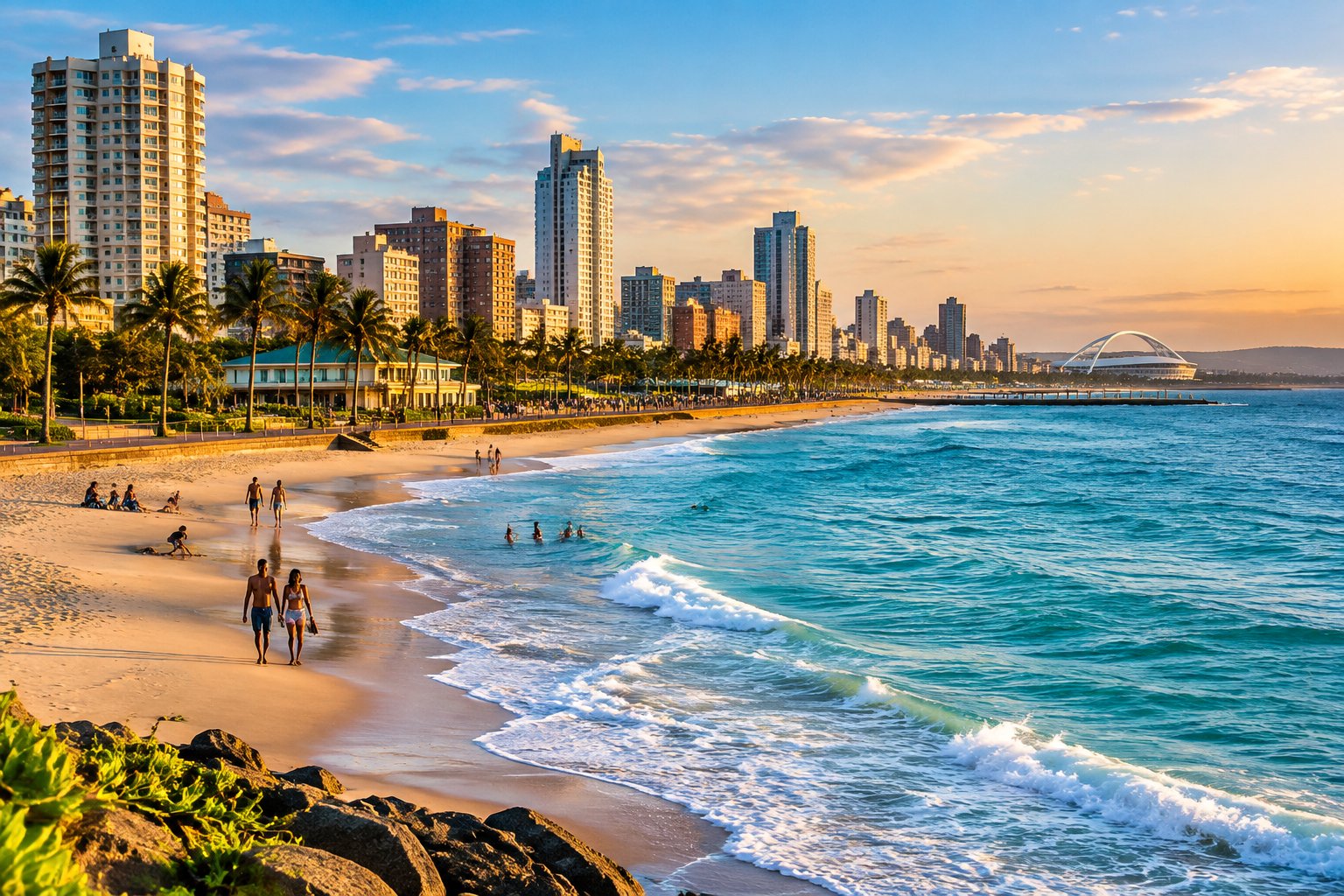 People enjoy a sandy beach beside the Indian Ocean, with a city skyline in the distance.