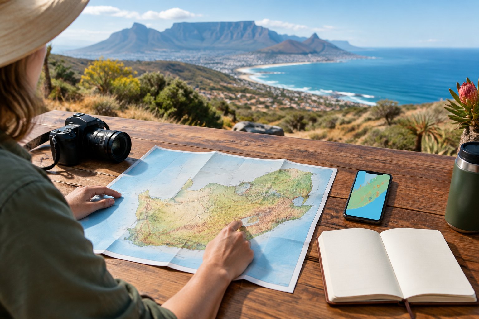 A traveler plans a South Africa trip at a table with a map, camera, journal, and phone.